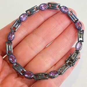 Vintage Amethyst Sterling Silver Link Bracelet Patina Purple Gemstone 7.75in